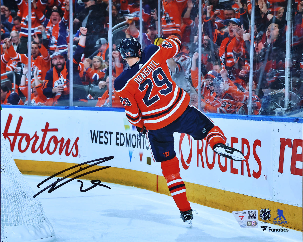 Leon Draisaitl Edmonton Oilers Signed 8x10 Orange Jersey Goal Celebration Photograph