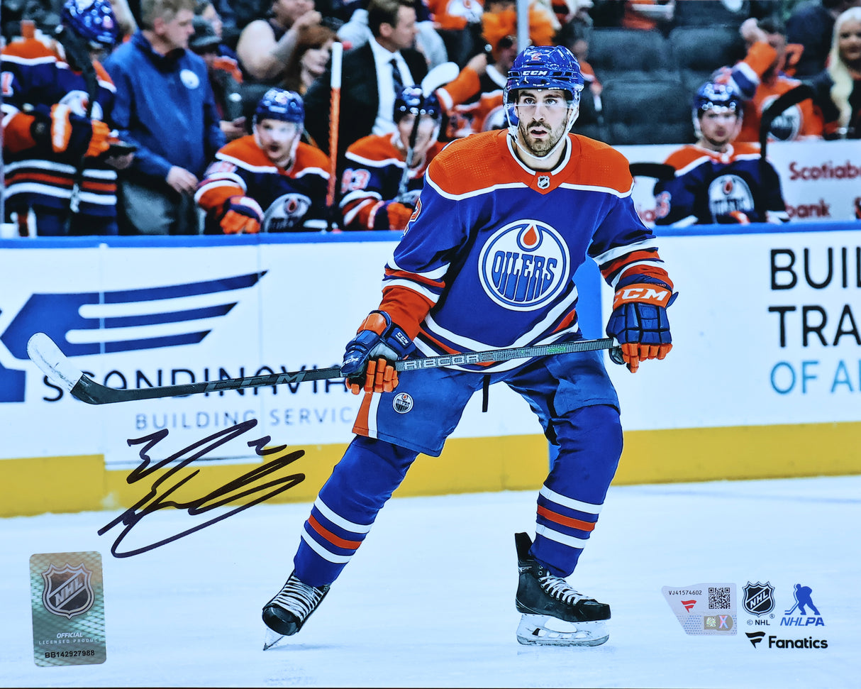 Evan Bouchard Edmonton Oilers Signed 8x10 Royal Jersey Skating Photograph