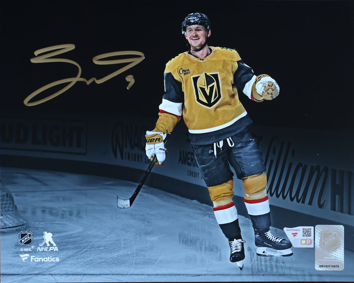 Jack Eichel Vegas Golden Knights Signed 8x10 Gold Jersey Celebration Spotlight Photograph