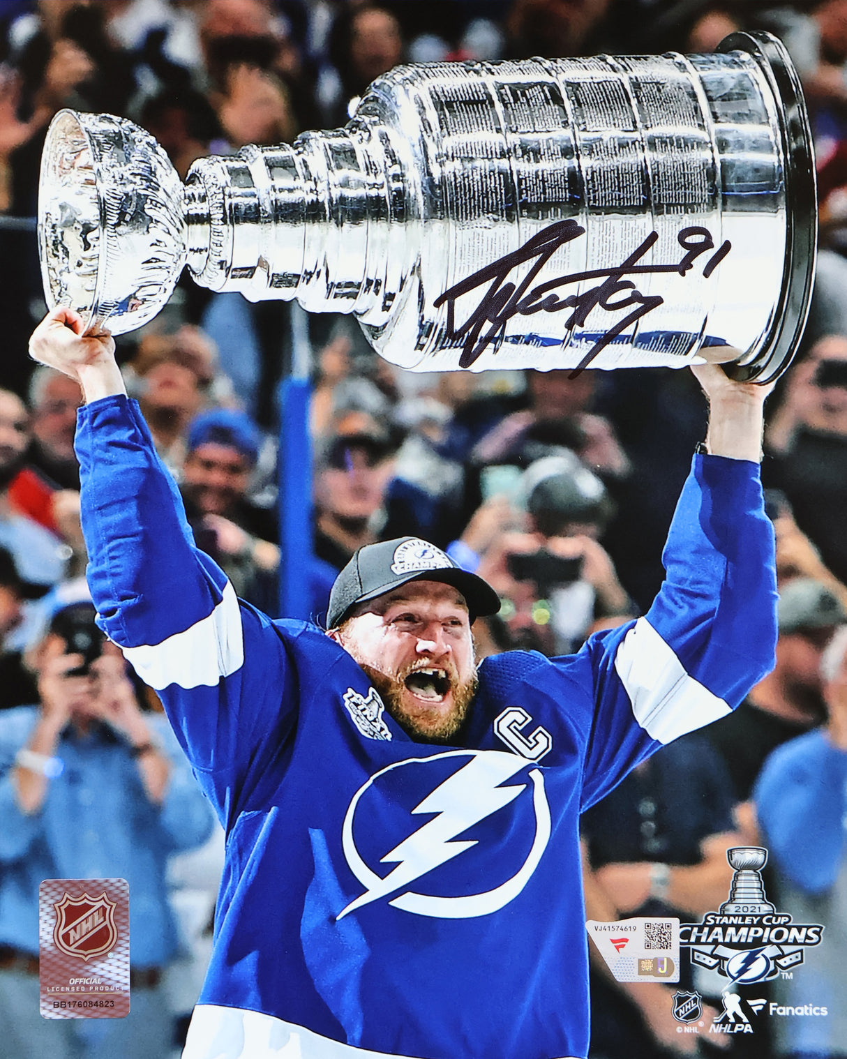 Steven Stamkos Tampa Bay Lightning 2021 Stanley Cup Champions Signed 8x10 Raising Cup Photograph