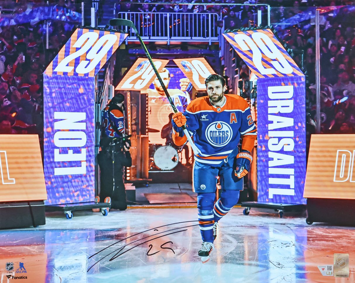 Leon Draisaitl Edmonton Oilers Signed 16x20 Blue Jersey Pregame Salute Photograph