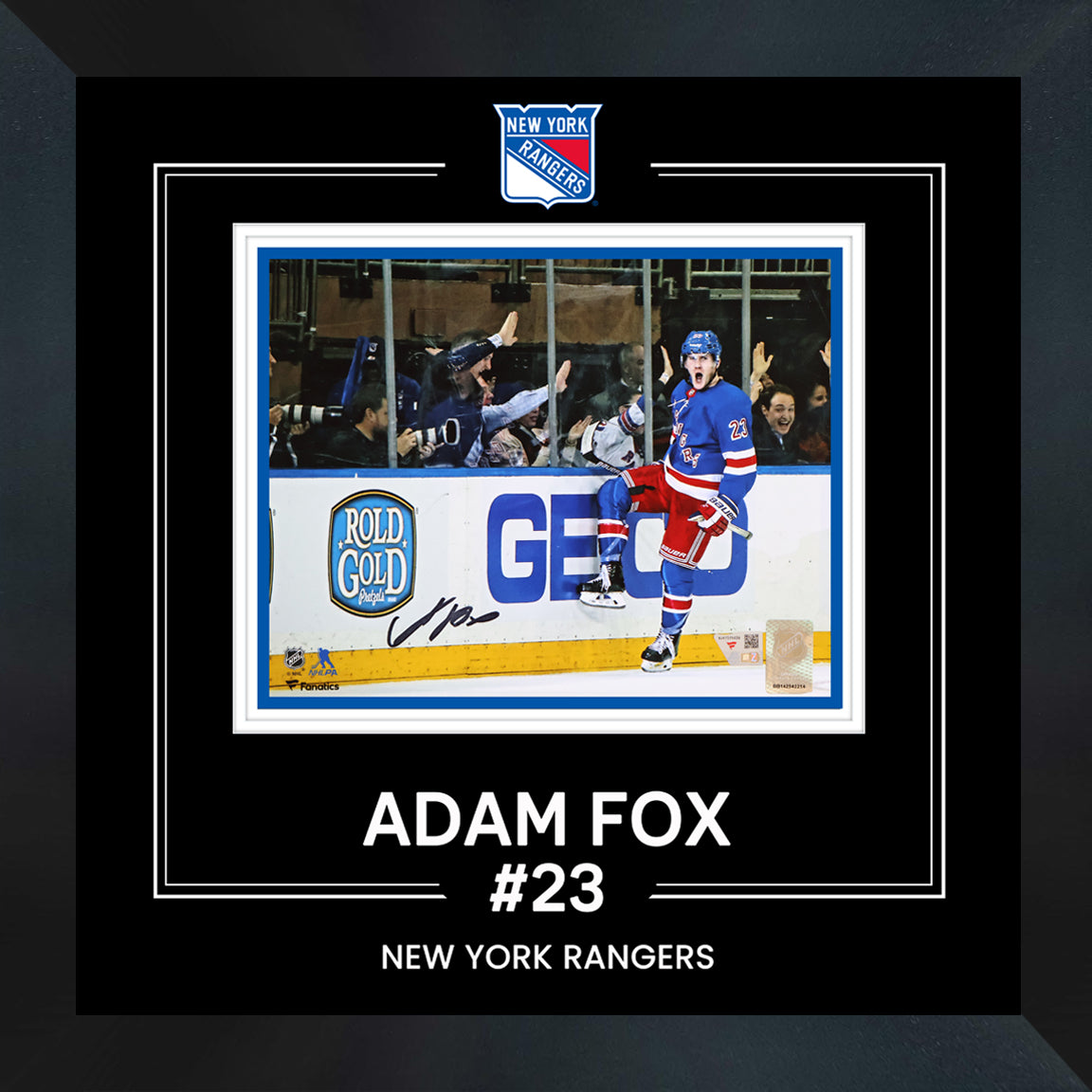 Adam Fox New York Rangers Signed 8x10 Blue Jersey Goal Celebration Photograph Framed