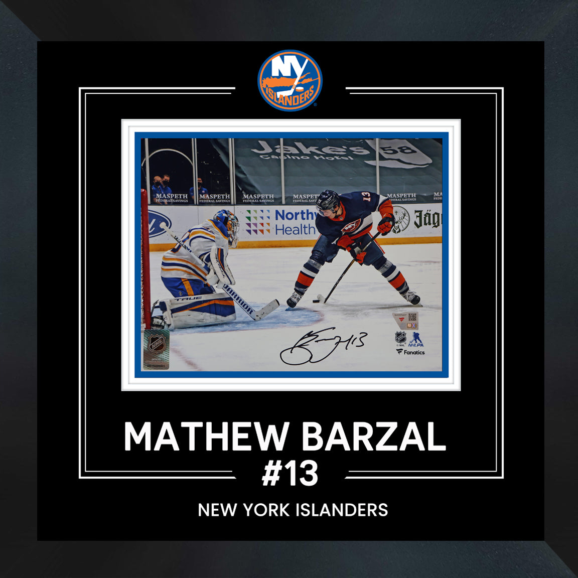 Mathew Barzal New York Islanders Signed 8x10 Goal Between Legs Photograph Framed