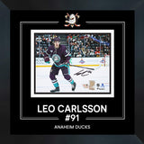 Leo Carlsson Anaheim Ducks Signed 8x10 Purple Jersey Skating Photograph Framed