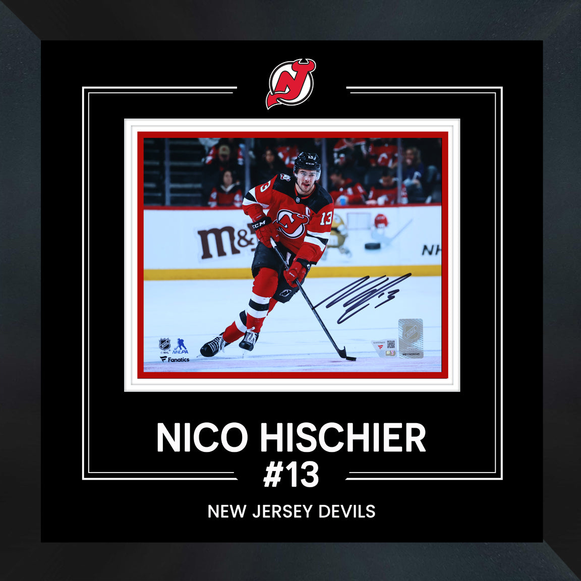 Nico Hischier New Jersey Devils Signed 8x10 Red Jersey with Puck Photograph Framed