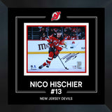 Nico Hischier New Jersey Devils Signed 8x10 Red Jersey with Puck Photograph Framed