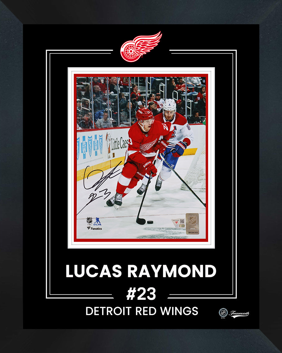 Lucas Raymond Detroit Red Wings Signed 8x10 Red Jersey with Puck Photograph Framed