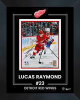 Lucas Raymond Detroit Red Wings Signed 8x10 Red Jersey with Puck Photograph Framed
