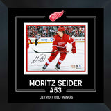 Moritz Seider Detroit Red Wings Signed 8x10 Red Jersey Skating Photograph Framed