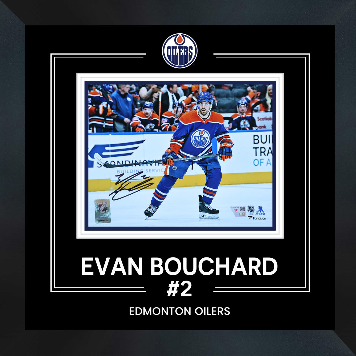 Evan Bouchard Edmonton Oilers Signed 8x10 Royal Jersey Skating Photograph Framed