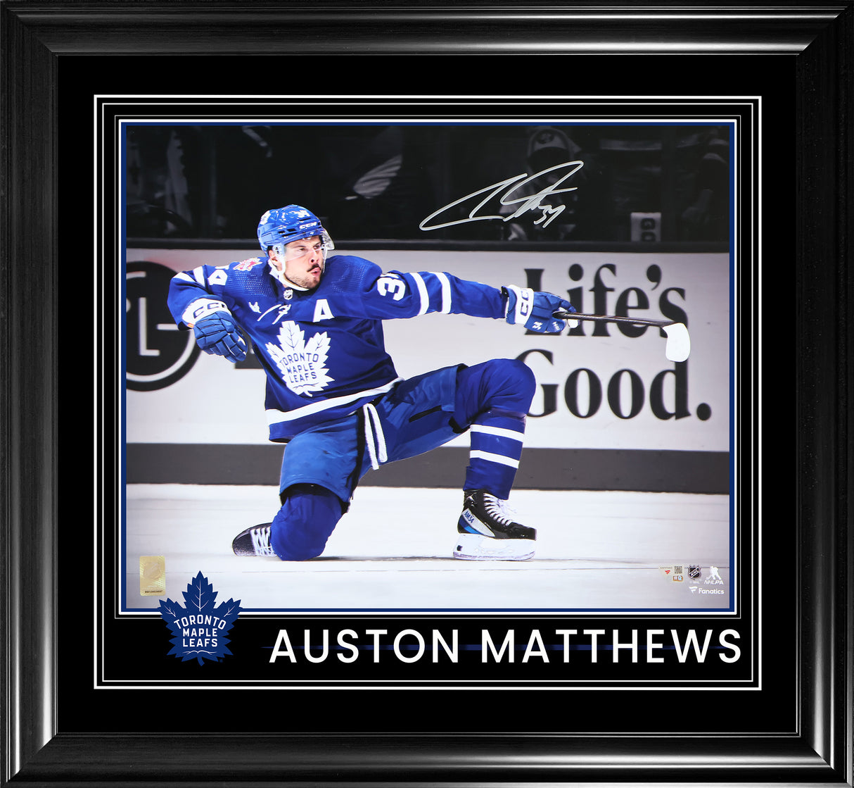 Auston Matthews Toronto Maple Leafs Signed 16x20 One Knee Celebrating Spotlight Photograph Framed