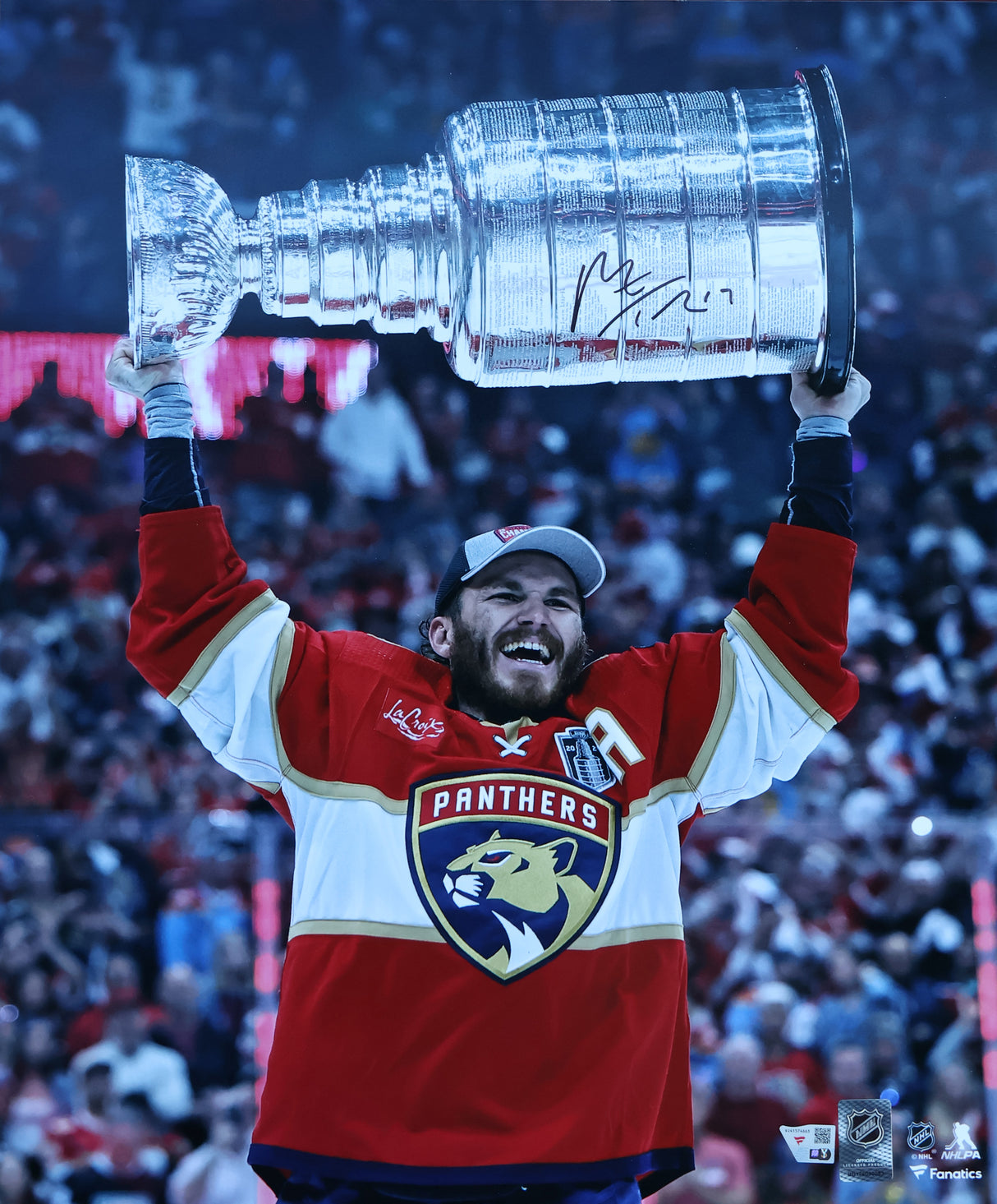Matthew Tkachuk Florida Panthers Signed 2024 Stanley Cup Champions 16x20 Raising Cup Photograph