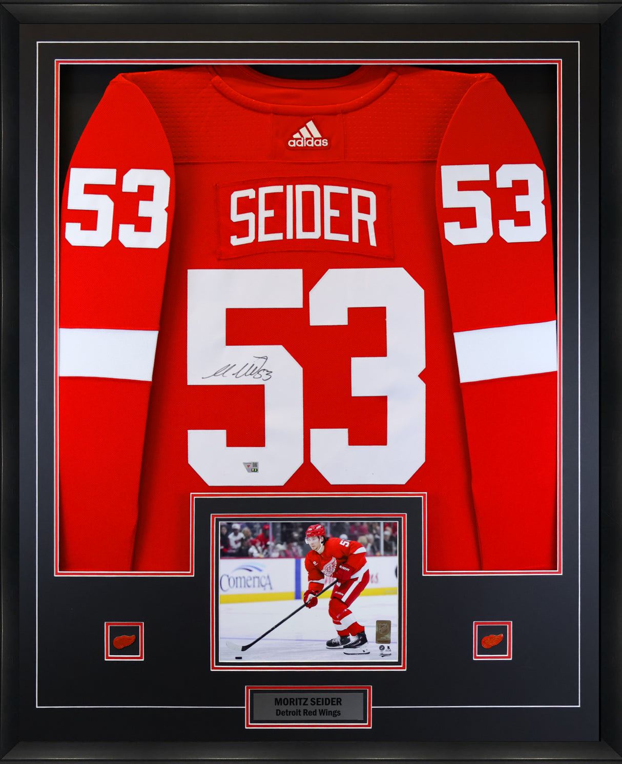 Moritz Seider Detroit Red Wings Signed Red Adidas Authentic Jersey Framed