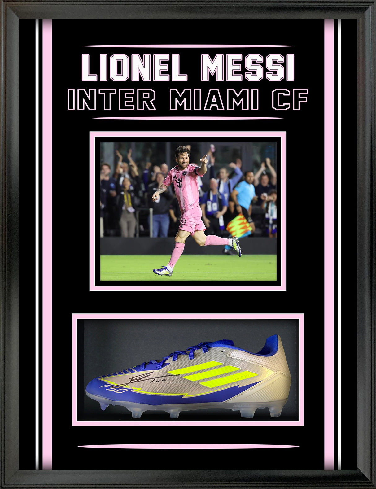 Lionel Messi Signed Adidas F50 X Boot in a PhotoGlass Frame Inter Miami CF