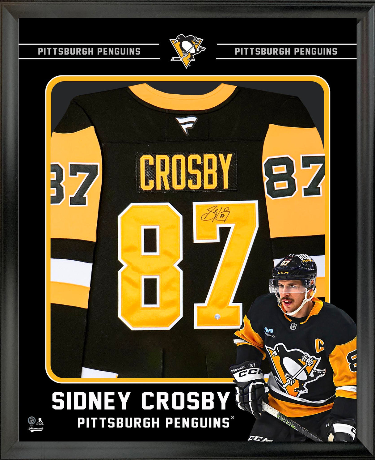 Deep shadow box with yellow accent borders, black matting, and jersey-photo vertical composition