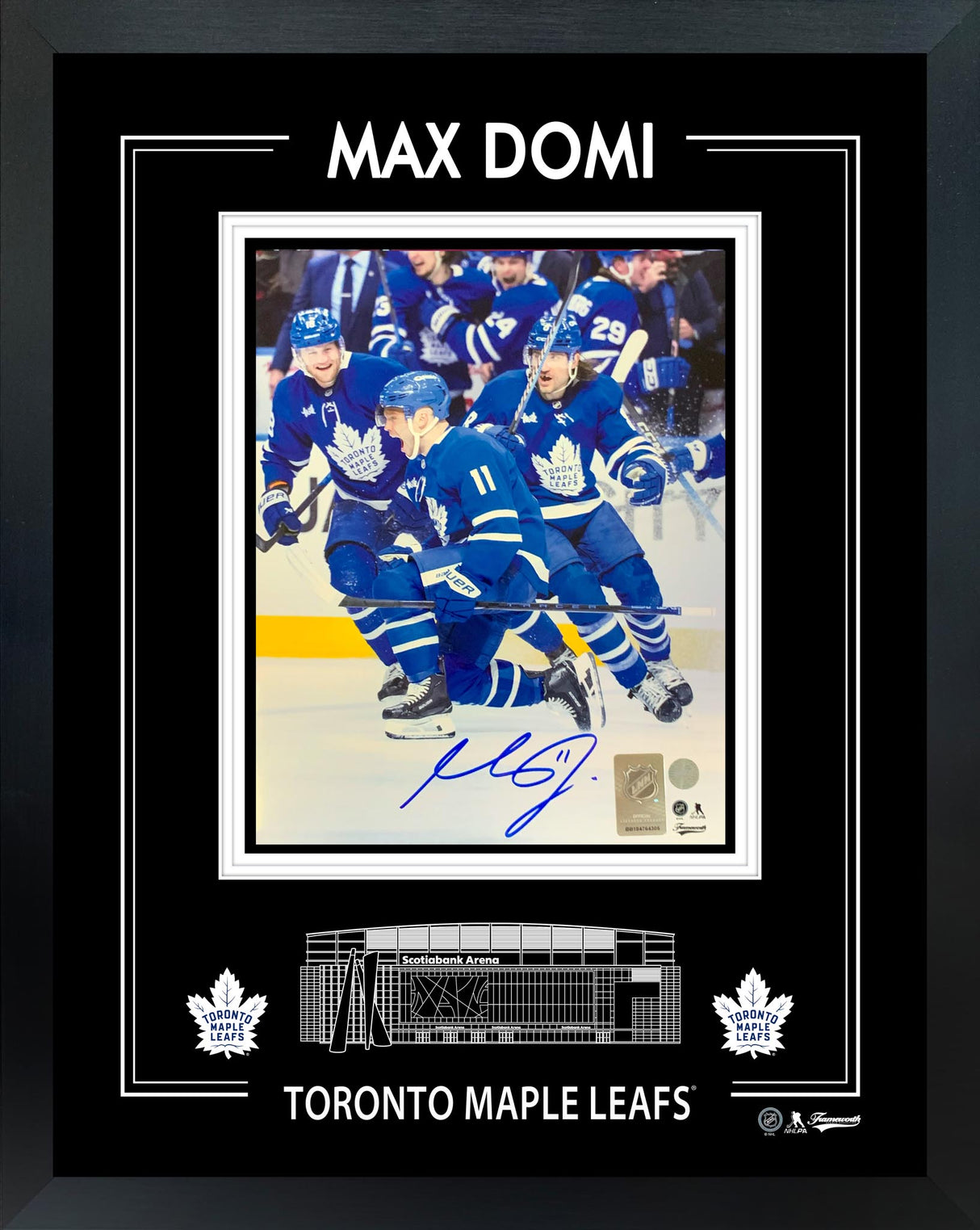 Max Domi Signed 8x10 Framed PhotoGlass Toronto Maple Leafs Sideview Celebration-V