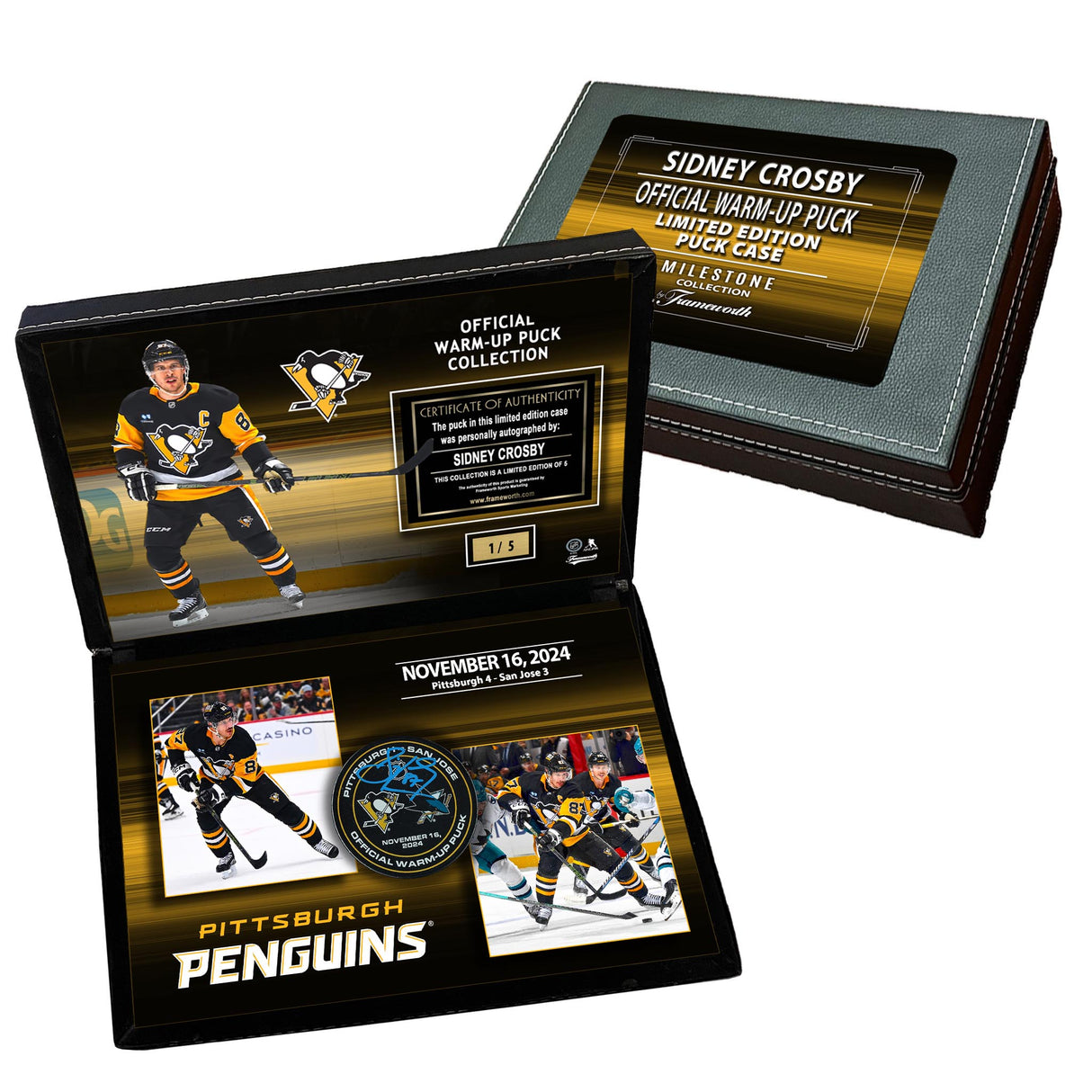 Sidney Crosby Signed Deluxe Puck Case Warm-Up Used Nov 16th 2024 vs San Jose Sharks (Limited Edition of 5)