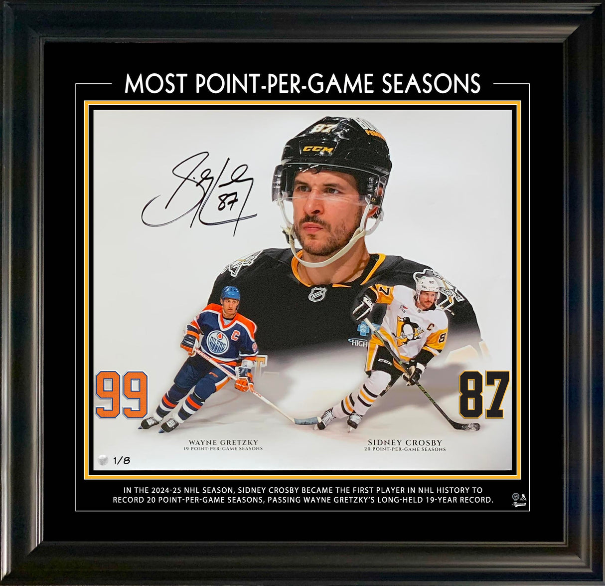 Sidney Crosby Signed 16x20 Photo Framed Photoglass Pittsburgh Penguins Most Point Per-Game Seasons (Limited Edition of 8)