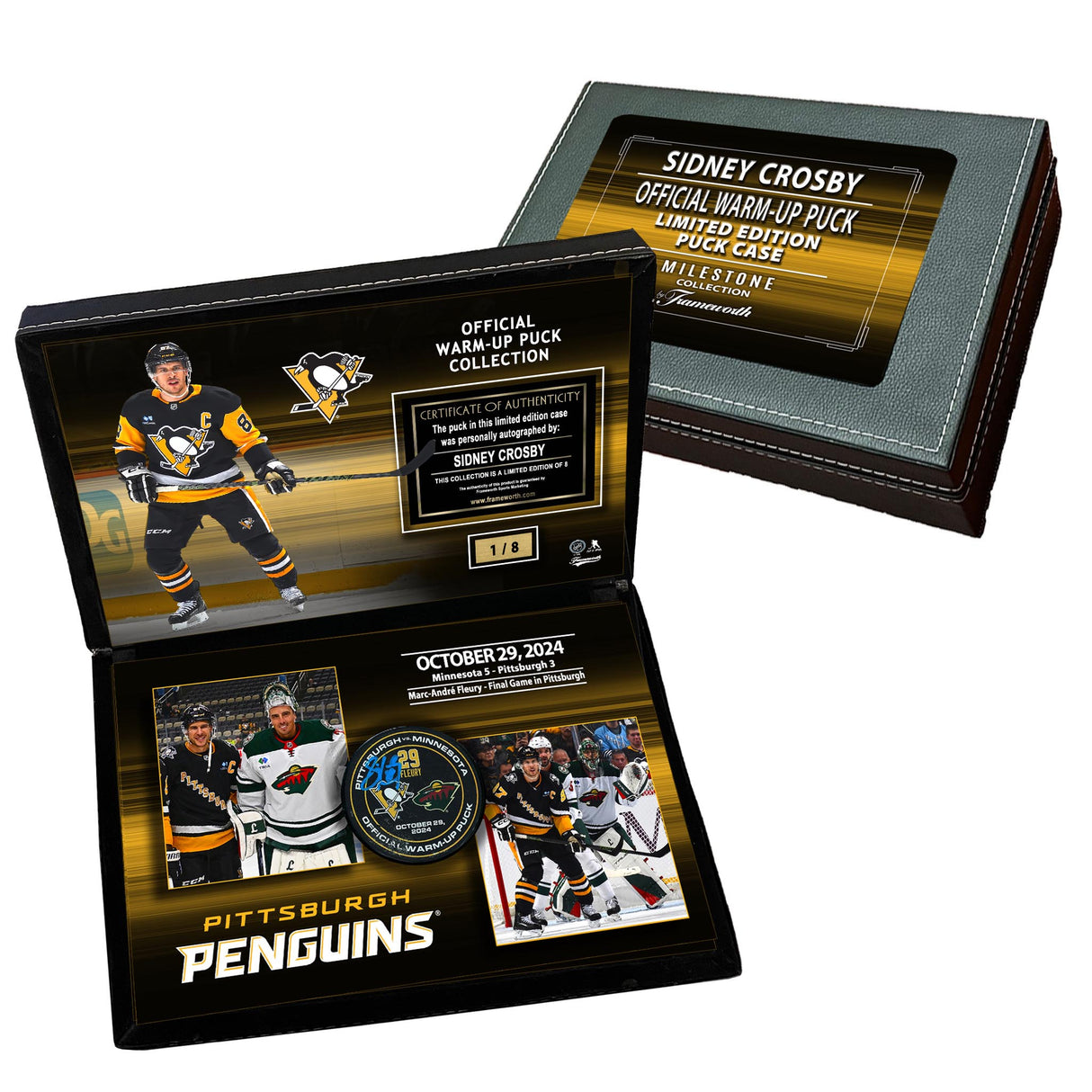 Sidney Crosby Signed Deluxe Puck Case Warm-Up Used Oct 29th 2024 vs Minnesota Wild (Limited Edition of 8)