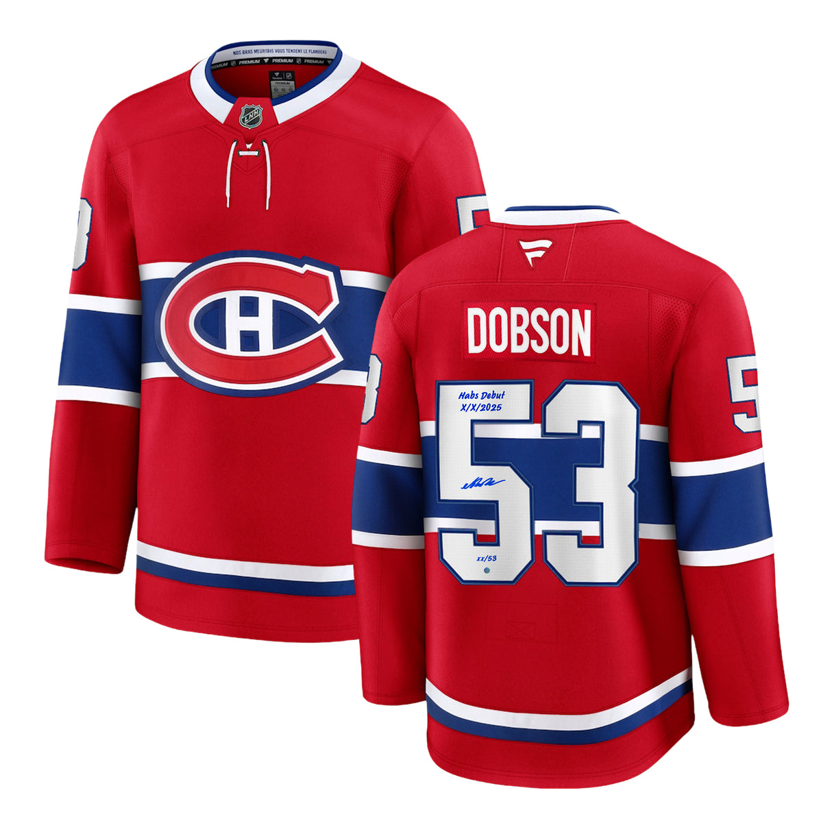 Noah Dobson Signed Montreal Canadiens Fanatics Premium Jersey Insc "Habs Debut 10/08/25" (Limited Edition of 53)