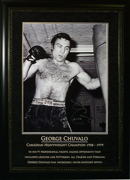 George Chuvalo Signed Framed 16x20 Punching Bag Black and White Photo