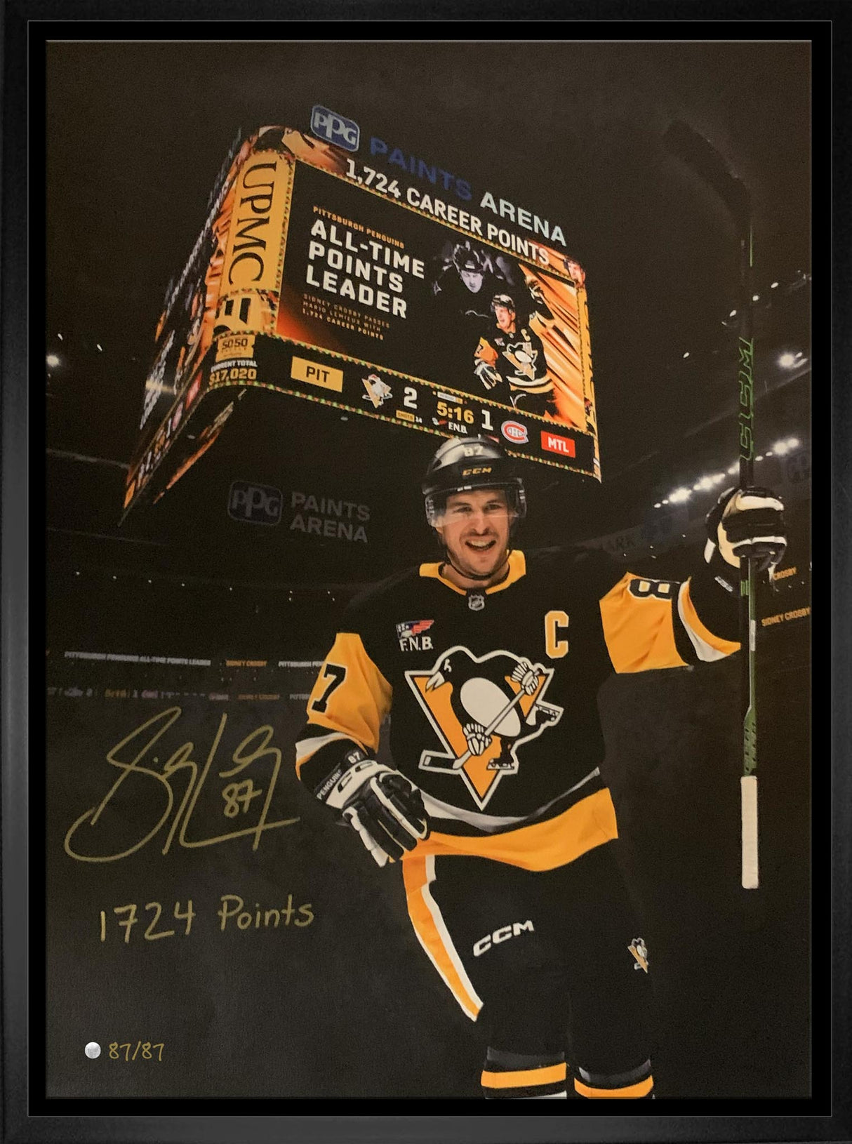 Sidney Crosby Signed Framed 20x29 Canvas – Pittsburgh Penguins All-Time Leading Scorer Inscribed “1724 PTS” (Limited Edition of 87)