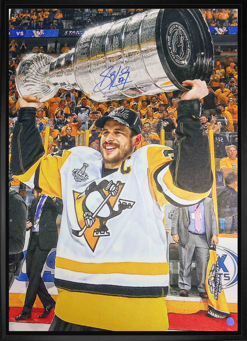 Sidney Crosby Pittsburgh Penguins Signed Framed 20x29 Raising Stanley Cup Canvas