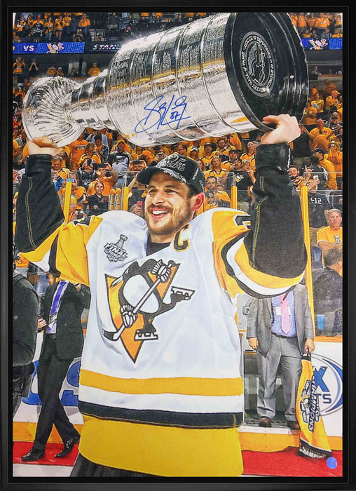 Sidney Crosby Pittsburgh Penguins Signed Framed 20x29 Raising Stanley Cup Canvas - Frameworth Sports Canada 