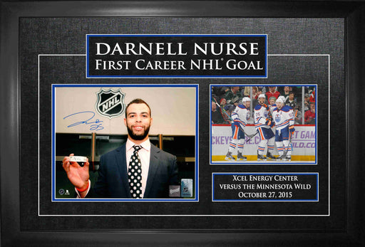 Darnell Nurse Edmonton Oilers Signed Framed 8x10 First Goal Puck Photo with 5x7 Oilers First Goal Celebration Photo - Frameworth Sports Canada 
