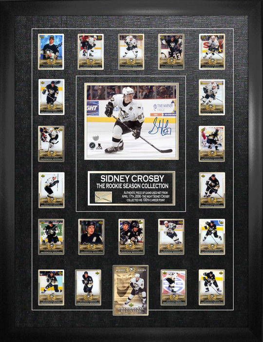 Sidney Crosby Pittsburgh Penguins Signed Framed 8x10 Action Photo with Rookie Season Trading Hockey Card Set And Piece of Net - Frameworth Sports Canada 
