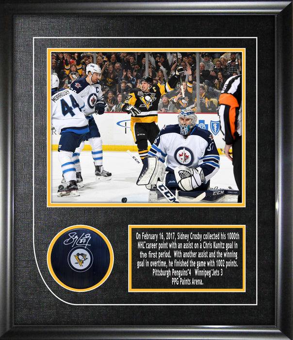 Sidney Crosby Signed Framed Pittsburgh Penguins Puck with 8x10 1000th Point Photo - Frameworth Sports Canada 