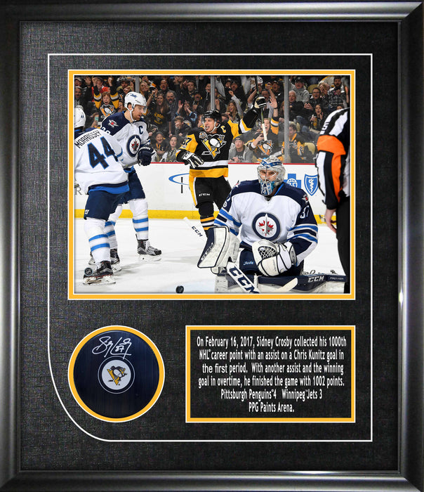 Sidney Crosby Signed Framed Pittsburgh Penguins Puck with 8x10 1000th Point Photo