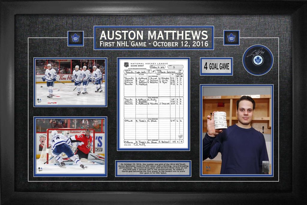 Auston Matthews Toronto Maple Leafs Signed Puck Framed With First Game Scoresheet Collage - Frameworth Sports Canada 