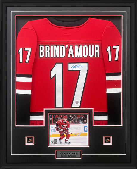 Rod Brind'Amour Signed Carolina Hurricanes Framed 34x42 Home Fanatics Breakaway Jersey - AUCTION