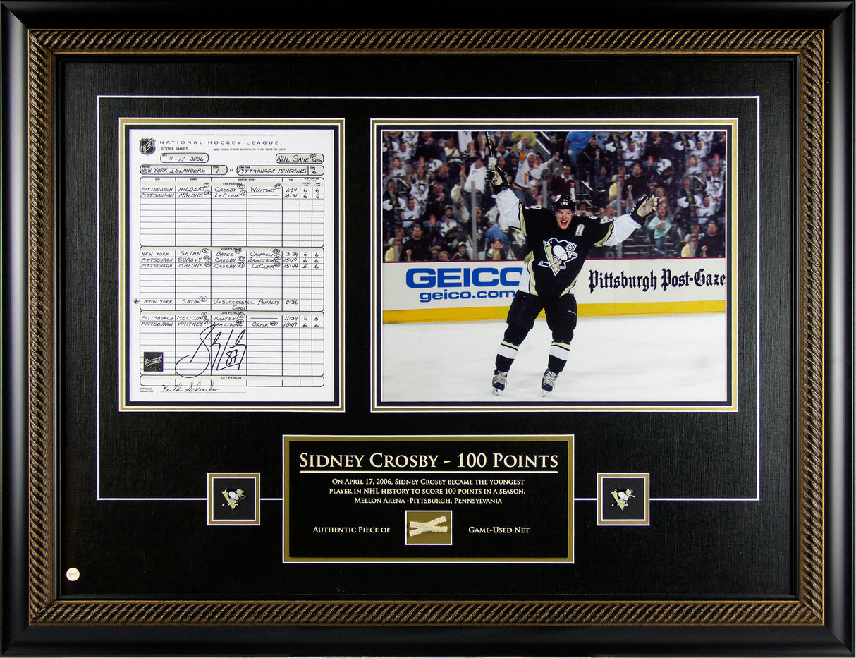Sidney Crosby Signed Pittsburgh Penguins 100th NHL Point Scoresheet Framed 34x26 with Authentic Game Used Net - AUCTION