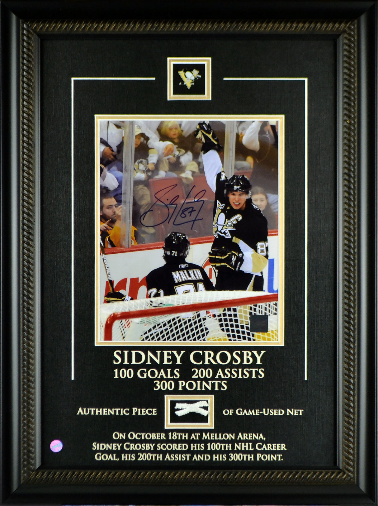 Sidney Crosby Signed Pittsburgh Penguins Framed 16x22 Photo with Game Used Net - 100 Goals / 200 Assists / 300 Points - AUCTION