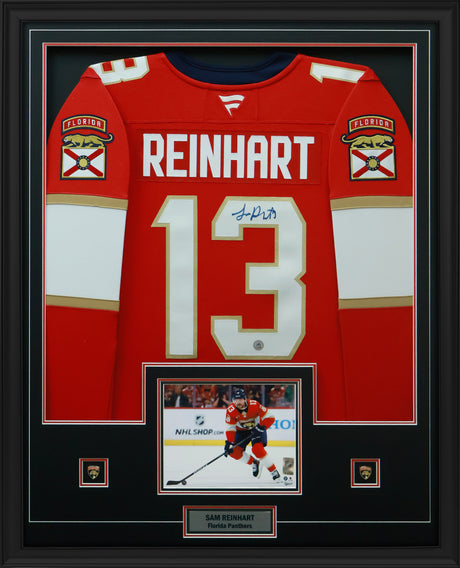 Sam Reinhart Signed Florida Panthers Framed 34x42 Home Fanatics Premium Jersey - AUCTION