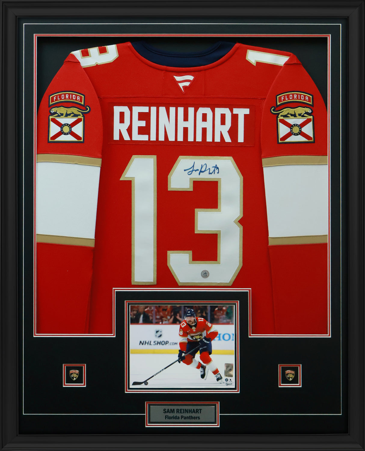 Sam Reinhart Signed Florida Panthers Framed 34x42 Home Fanatics Premium Jersey - AUCTION