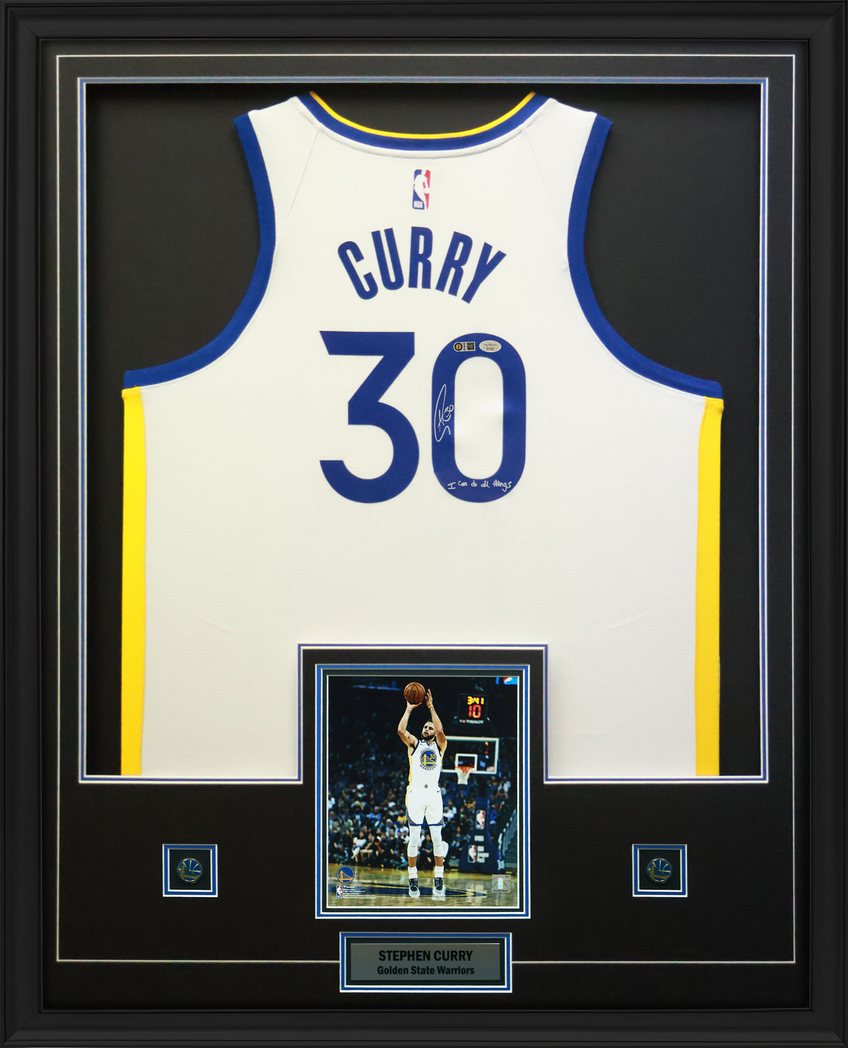 Stephen Curry Signed Framed 34x42 Golden State Warriors Nike White Association Edition Swingman Jersey Inscribed "I can do all things" - AUCTION