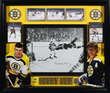 Bobby Orr Signed Boston Bruins Photoglass Framed 14x11 Iconic Goal Photo with Collage - AUCTION
