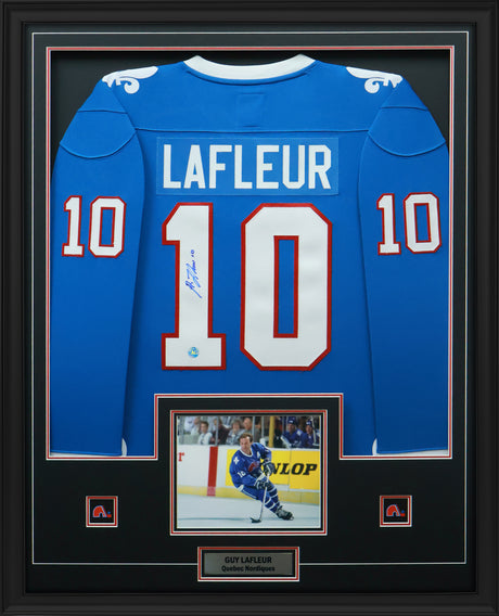 Guy Lafleur Signed Quebec Nordiques Framed 34x42 Throwback Breakaway Jersey - AUCTION