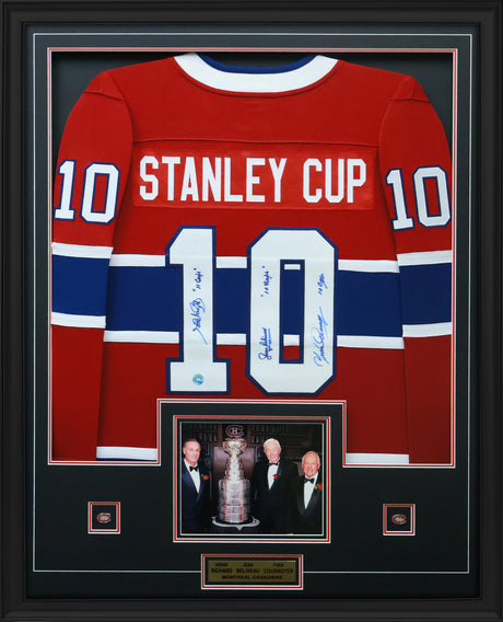 Henri Richard, Jean Beliveau, and Yvan Cournoyer Signed Montreal Canadiens Framed 34x42 Stanley Cup Jersey - AUCTION
