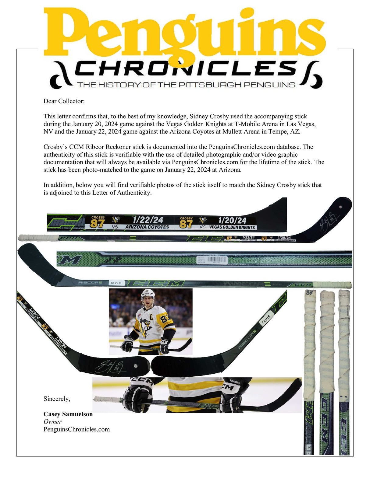 Sidney Crosby Signed Game Used Stick vs Arizona Coyotes 1/22/24 and Golden Knights 1/20/24 (ST-199) - AUCTION