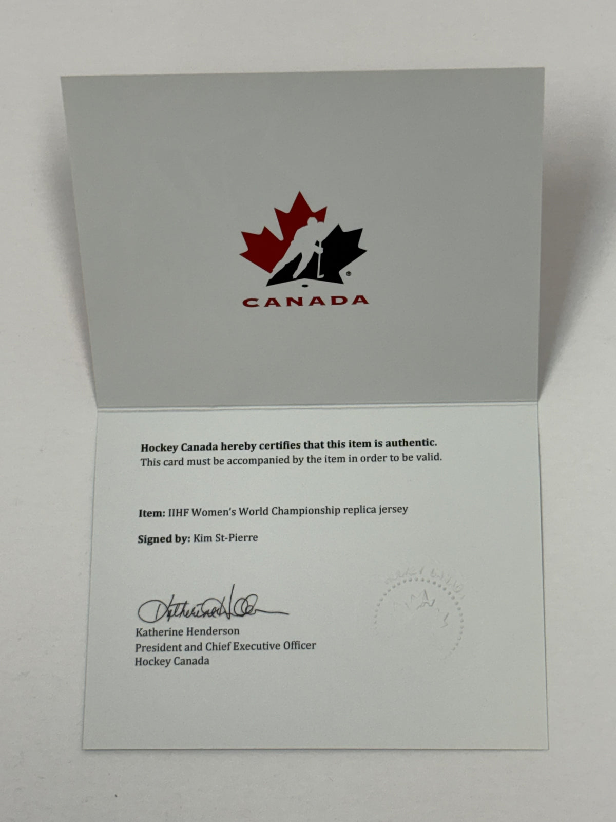 Kim St-Pierre Signed Team Canada IIHF World Championship Nike Replica Jersey - AUCTION