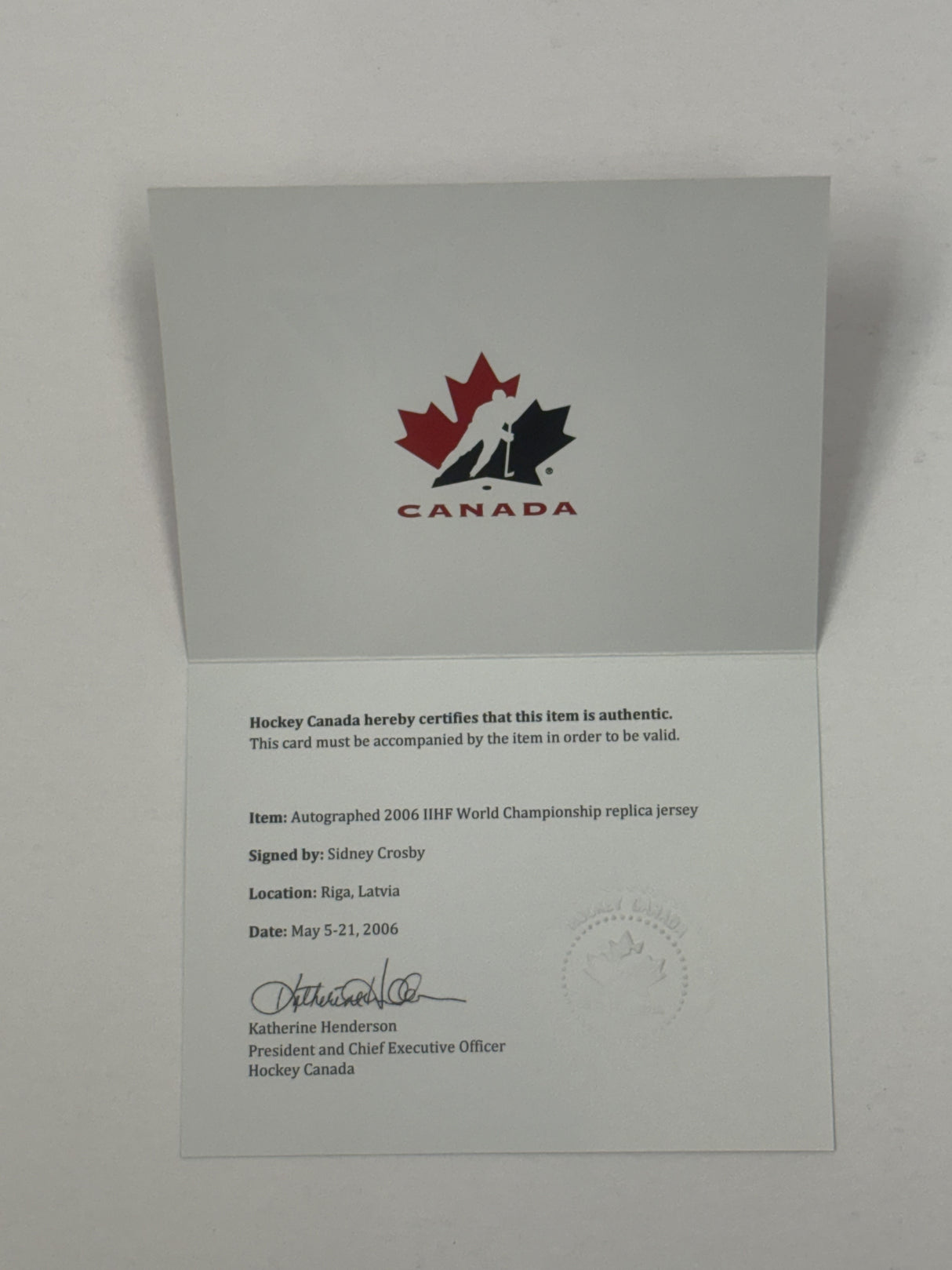Sidney Crosby Signed Team Canada 2006 IIHF World Championship Nike Replica Jersey - AUCTION