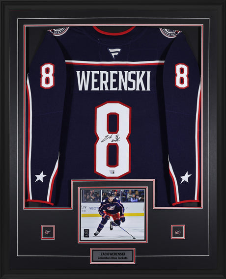 Zach Werenski Signed Columbus Blue Jackets Framed 34x42 Home Fanatics Premium Jersey - AUCTION