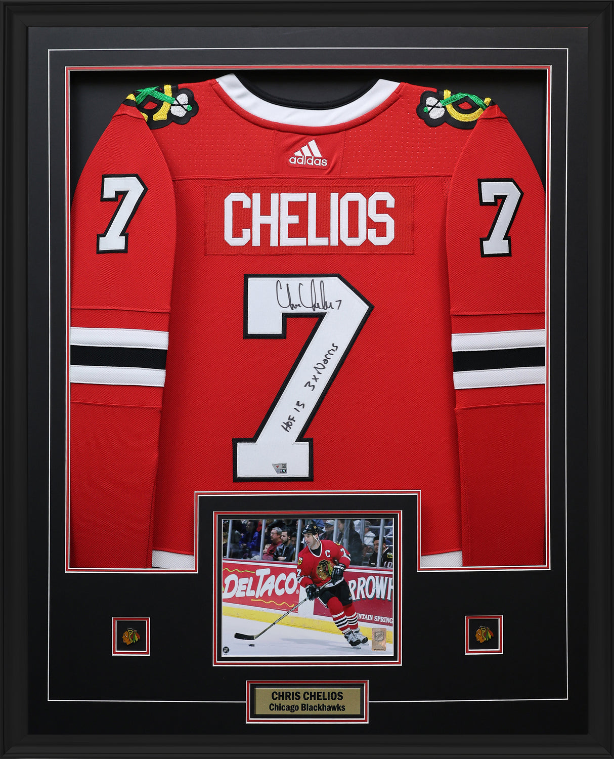 Chris Chelios Signed Chicago Blackhawks Framed 34x42 Home Adidas Authentic Jersey Inscribed "HOF 2013 3x Norris" - AUCTION