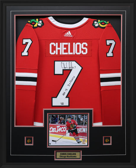 Chris Chelios Signed Chicago Blackhawks Framed 34x42 Home Adidas Authentic Jersey Inscribed "HOF 2013 3x Norris" - AUCTION