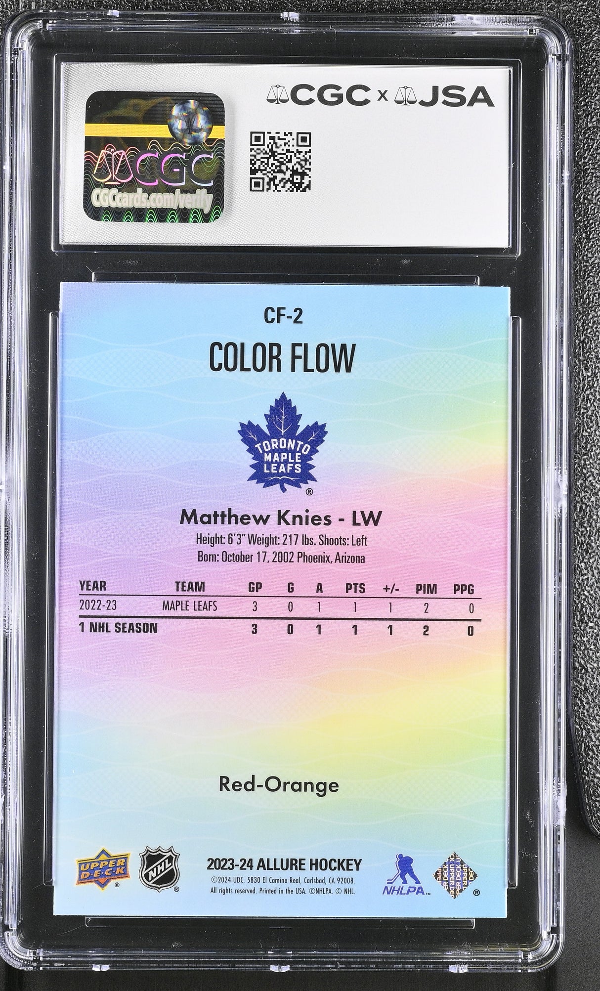 Matthew Knies Signed Toronto Maple Leafs 2023/24 #CF-2 CGC x JSA Mint 10 + Auto 9 - AUCTION