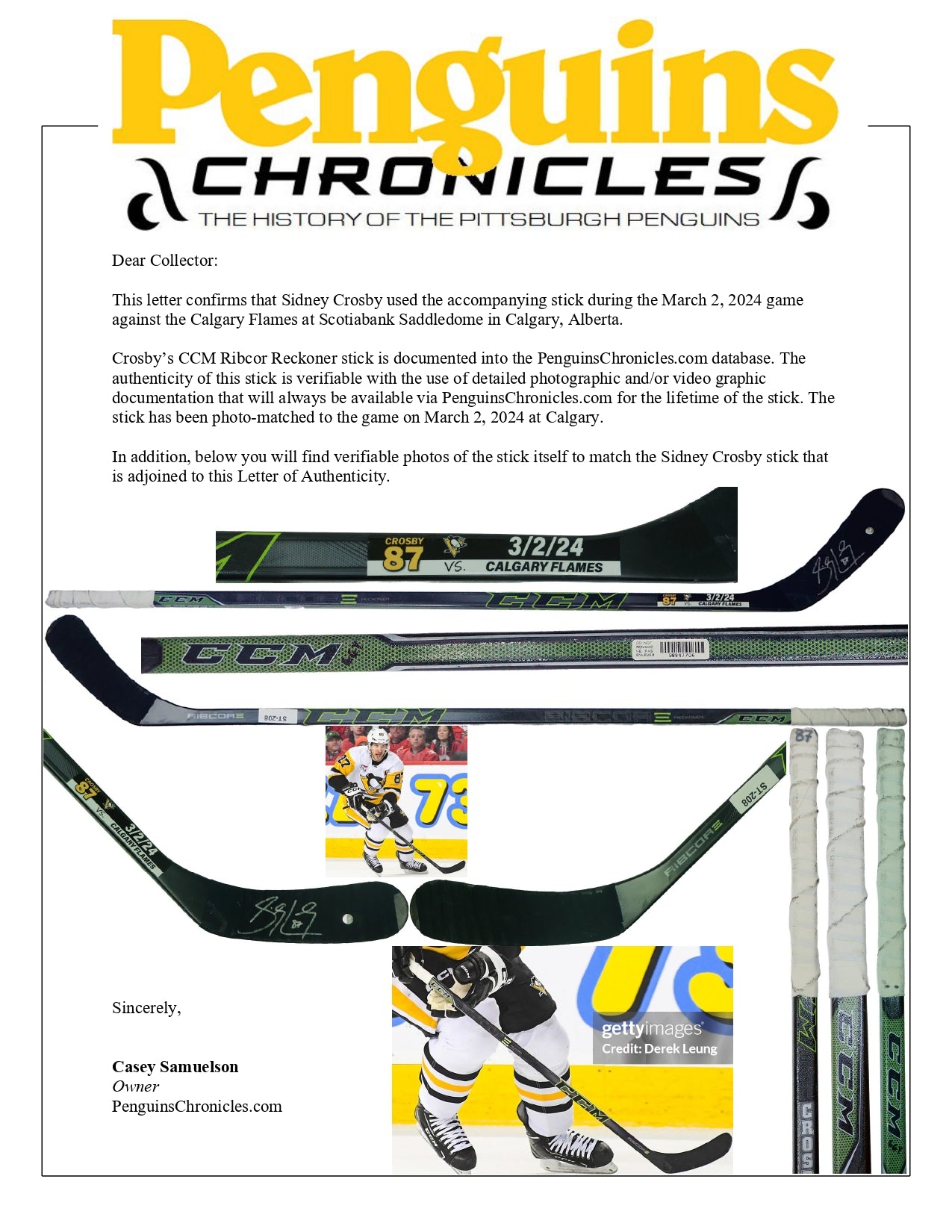 Sidney Crosby Signed Game Used Stick vs Calgary Flames (3/2/2024